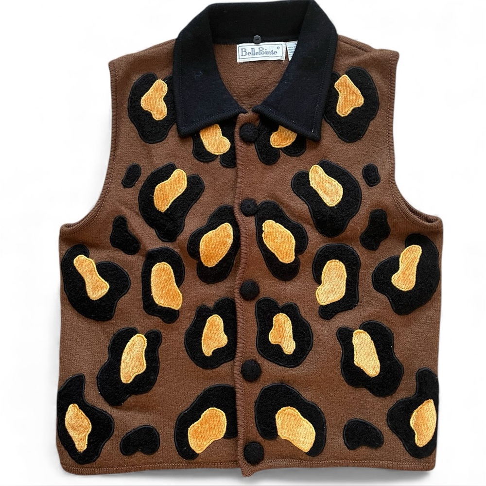 VTG BellePointe Wool Leopard Vest Vintage 90s Y2K Animal Print Belle Pointe